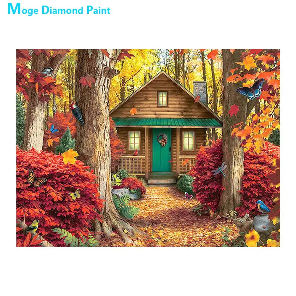 Алмазная живопись в виде домика с осенним лесом живописная круглая мозаика для