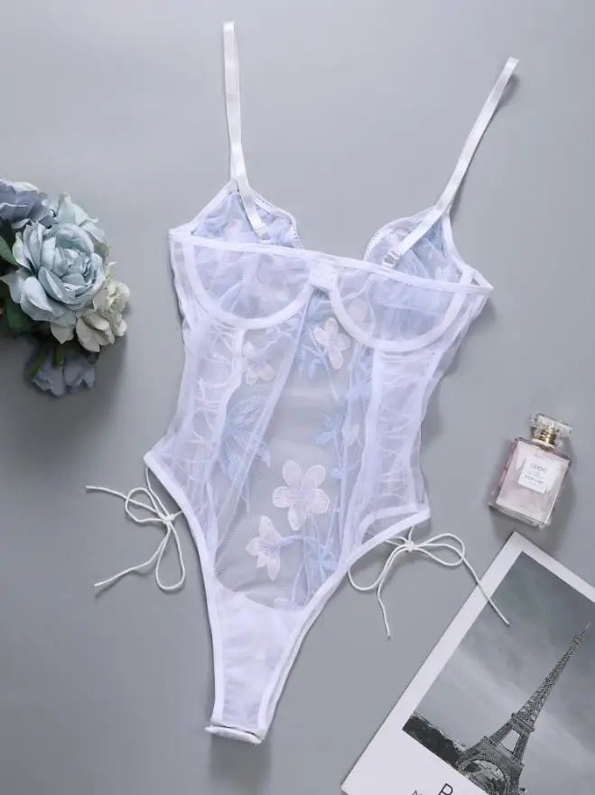 Женское Кружевное боди с цветочной вышивкой и чашками пуш-ап | Тематическая