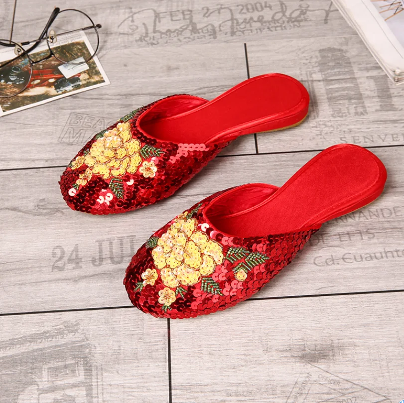 

Womens Bling Sequins Floral Round Toe Mules Slippers Glitter Slingbacks