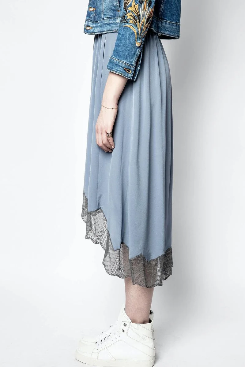 

100% Silk Blue Women Skirt Lace Trimming Skirt