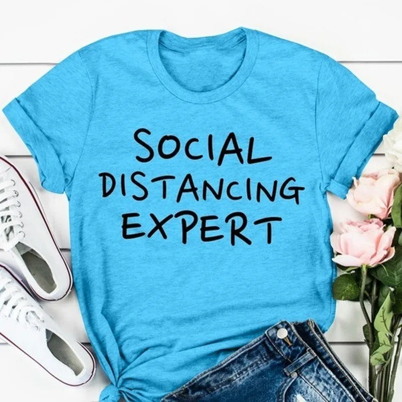 

SOCIAL DISTANCING EXPRET Letter Print T Shirt Women Short Sleeve O Neck Loose Tshirt Summer Women Tee Shirt Tops Camisetas Mujer