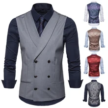 2021 Men's Vests Double Breasted Suit Men Casual Plaid Waistcoat Business Clothing Steampunk Vest Groomman Wedding Jacket (1)