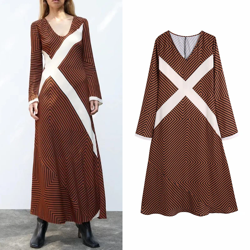 

Платье WXWT Za женское, шикарное, прямое, в полоску, с V-образным вырезом и длинным рукавом, модные женские платья-миди BB4024