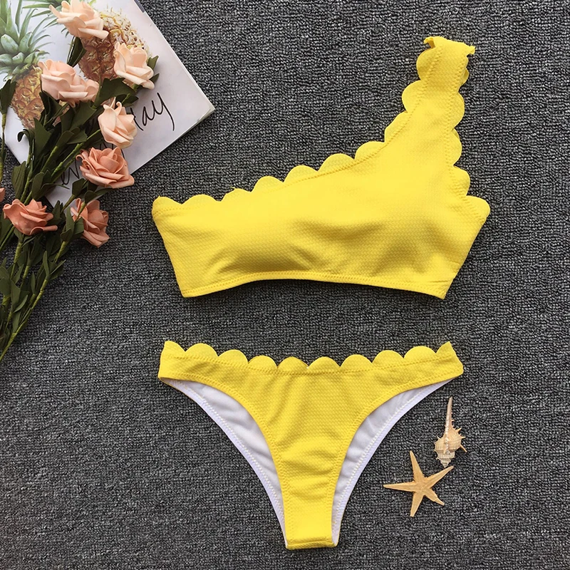 Одно плечо волнистые Одноцветный бикини набор Для женщин с лямкой на шее