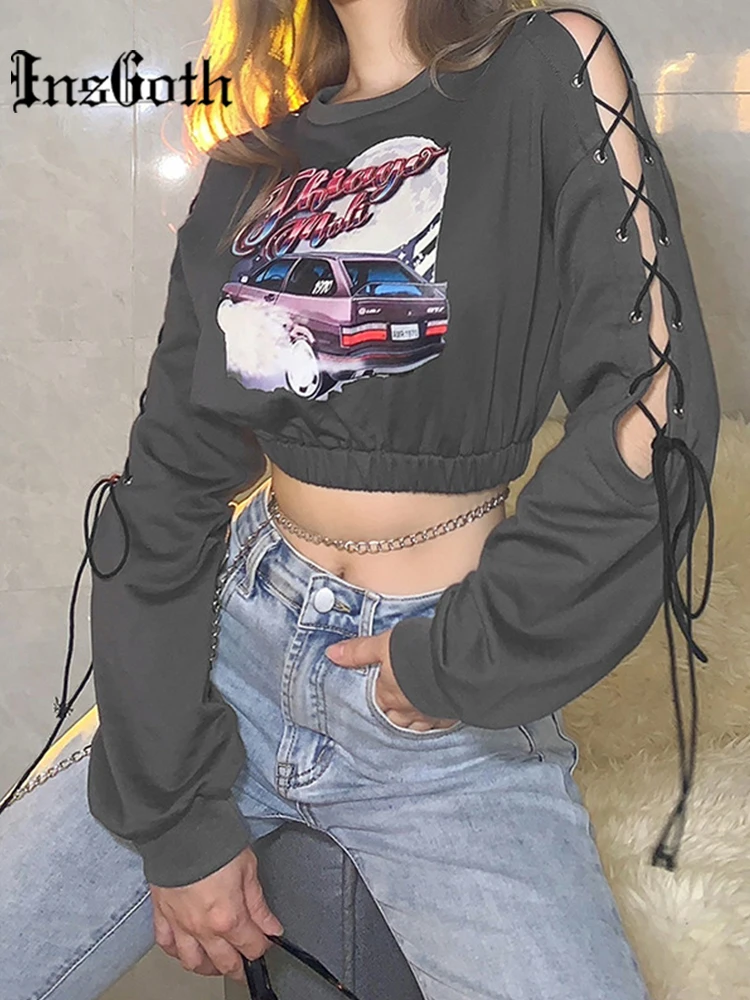 

InsGoth Grunge Cartoon Print Grey Hoodie Goth Harajuku Long Sleeve Lace Up Oversized Hoodies E Girl Punk Cropped Tops Techwear