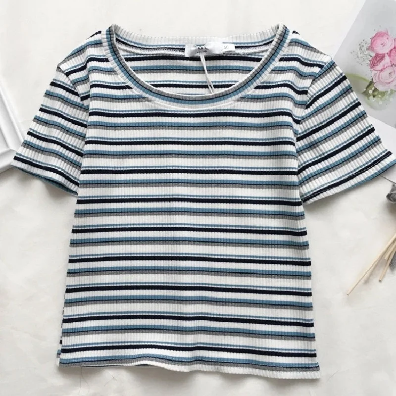 

Летняя футболка в полоску женские вязаные топы для детей с круглым вырезом Тонкая футболка с коротким рукавом, футболка повседневные тянущ...