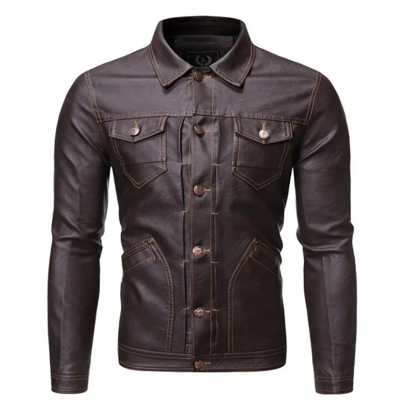 Men Leather Jackets 2021 Spring Fashion Casual Button Pockets Coat Vintage Punk Style Faux Outwear Jacket | Мужская одежда