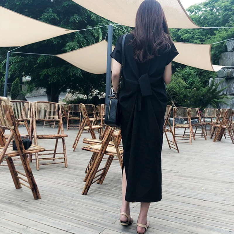 

Summer Women Dress Korean Style Loose Black Dress Short Sleeve Round Neck Irregular Splits Hem Long Dress Maxi Dress NYZ