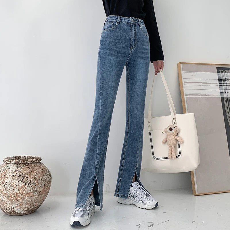

Woman Loose Split Young Mother Jeans 2021 New Black Blue Ladies High Waist Denim Trousers Pencil Straight Leg Casual Pants