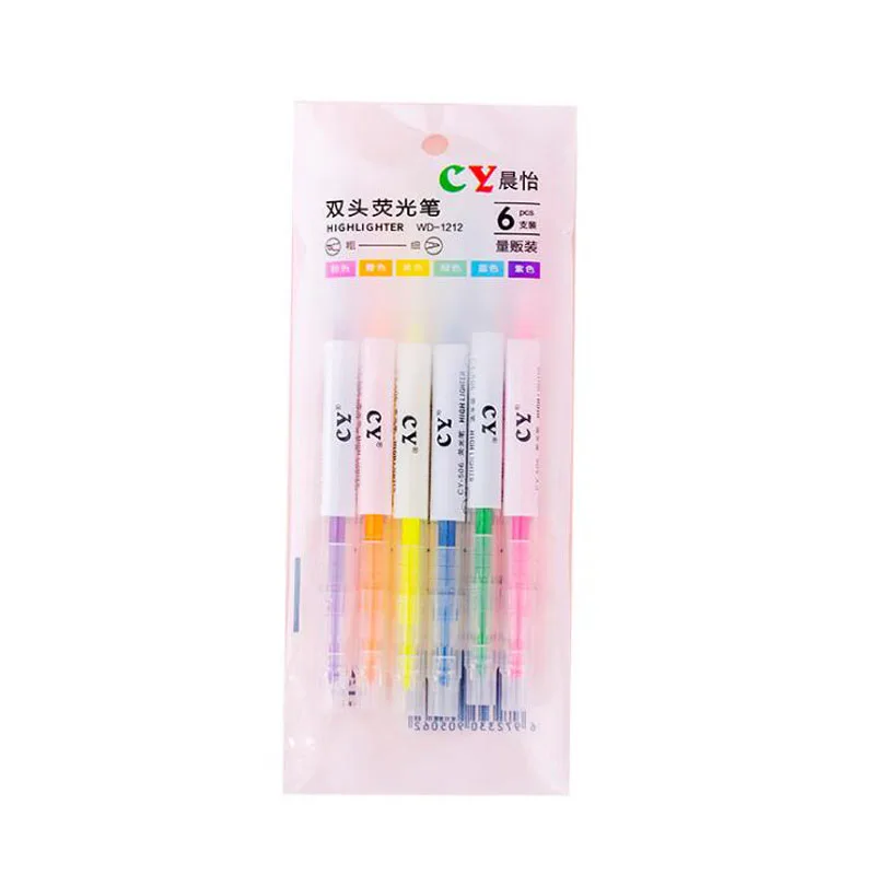 

6 Suits Double-headed Highlighter Creative Highlighter Student Stroke Key Sentence Marker Color Oblique Head Office Marker Pen