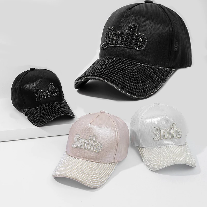 

Women Black Silver Metallic Style Baseball Caps Luxurious Pearled Smile Slogan Baseball-hat Spring Summer New Fashion Sun-hats