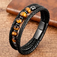 2021 trendy multilayer leather bracelets men jewelry 9 style round stone 8mm beaded bracelets for male women valentine day gifts
