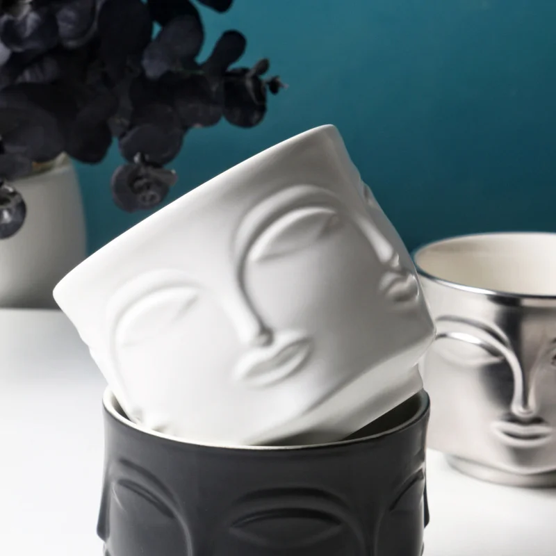 

Creative Ceramic Flowerpot Black and White Plant Potted Vase Abstract Human Face Flowerpot Desktop Vase Artist Home Decoration