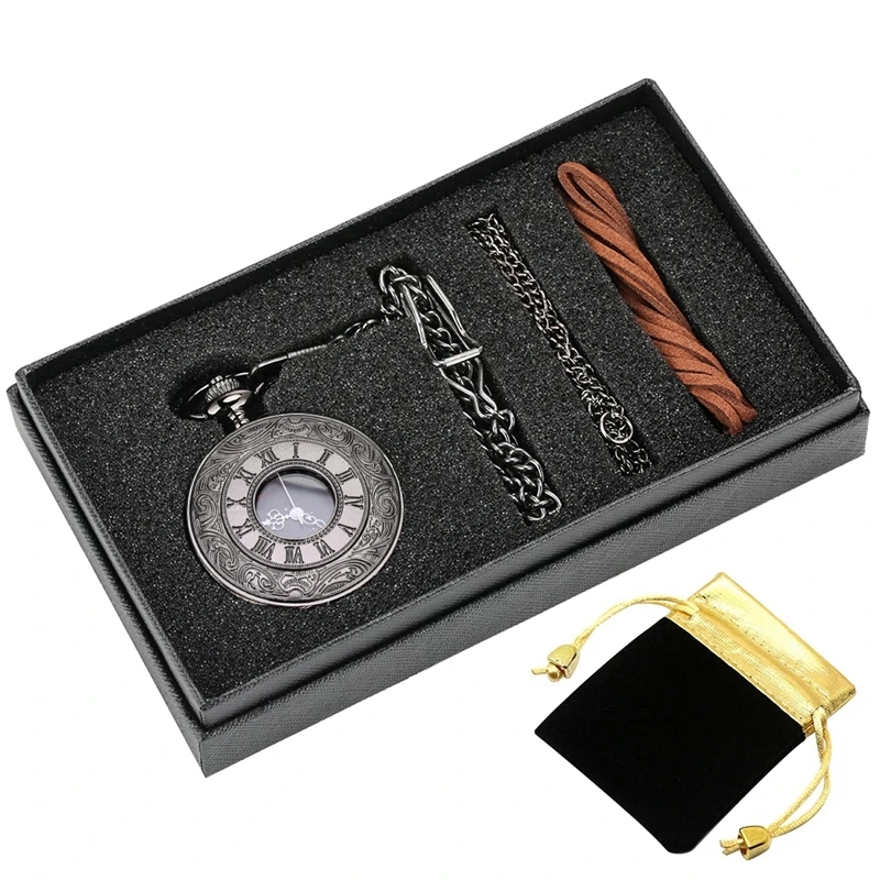 

5pcs/set Vintage Black Unisex Roman Numerals Quartz Steampunk Pocket Watch Box Set Necklace Pendant Souvenir Gifts for Men Women