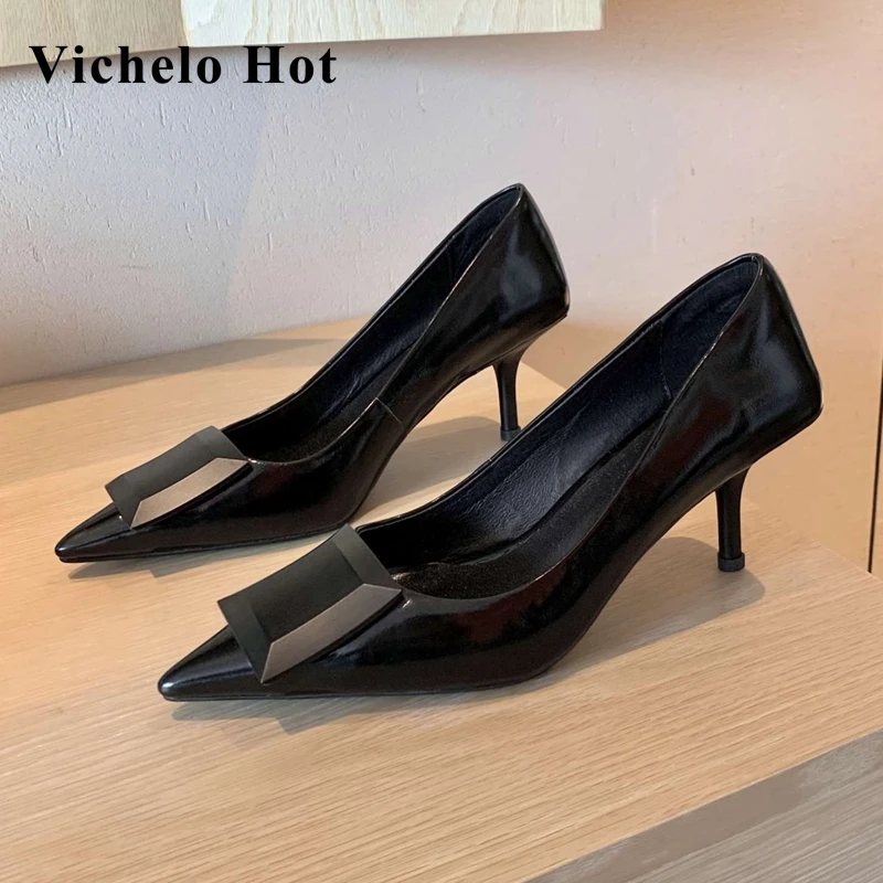 

Vichelo Hot European style full grain leather pointed toe high heels beauty lady streetwear fashion modern basic women pumps L12