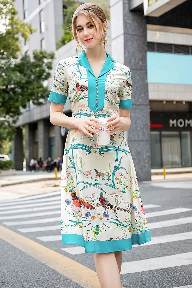 

Summer 2020 New Women'S Fashion Party Casual Vintage Elegant Chic Gentlewoman Lapel Print Slim Chiffon Dresses Knee Length