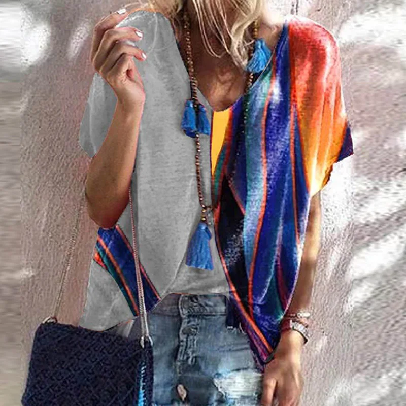 

2021 Summer Fashion Colorful Print Patvhwork Tops Women Casual Round Neck Short Sleeve Blouse Shirts Female Elegant Loose Blusa