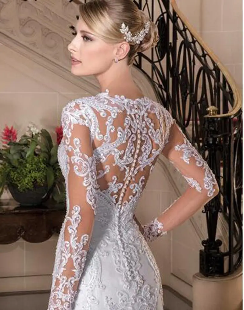 Sexy Illusion Back Long sleeve Lace Mermaid Wedding Dress 2021 Europe New Pearls Beading Appliques White Bridal Gowns Vestidos bridesmaid