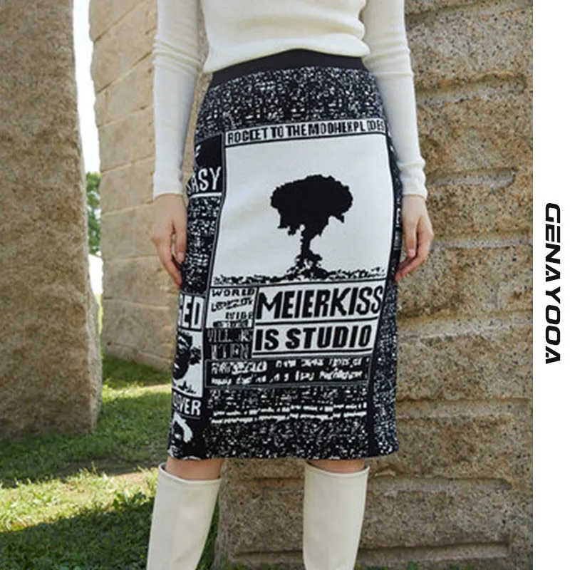 

Genayooa Gothic Print Women Skirt Vintage Knitted Elastic Band High Waist Pencil Skirts Ladies Elegant 2022 Autum Winter Korean
