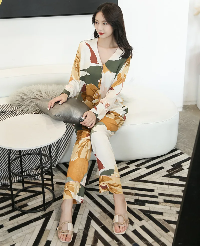 Autumn Ink Printing V-neck Long-sleeved and Long Trousers Suit Sleepwear for Ladies Large Size Cardigan Home Two-piece Clothes