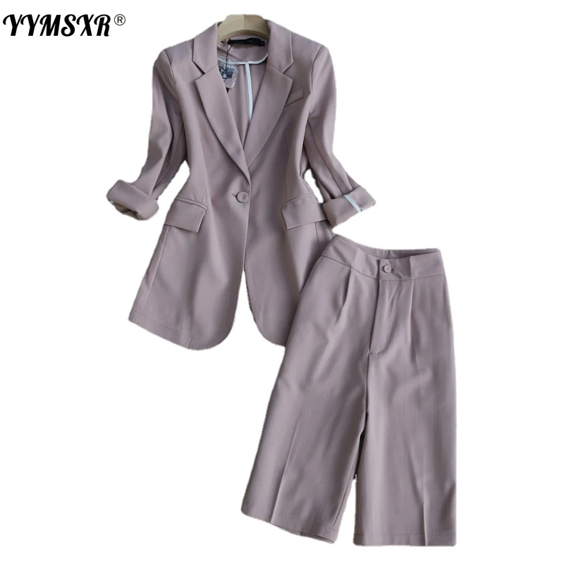

YYMSXR High-end Summer Commuter Workplace Striped Fashion Suit Suits Casual Versatile High Waist Five-point Pants Two-piece Sey