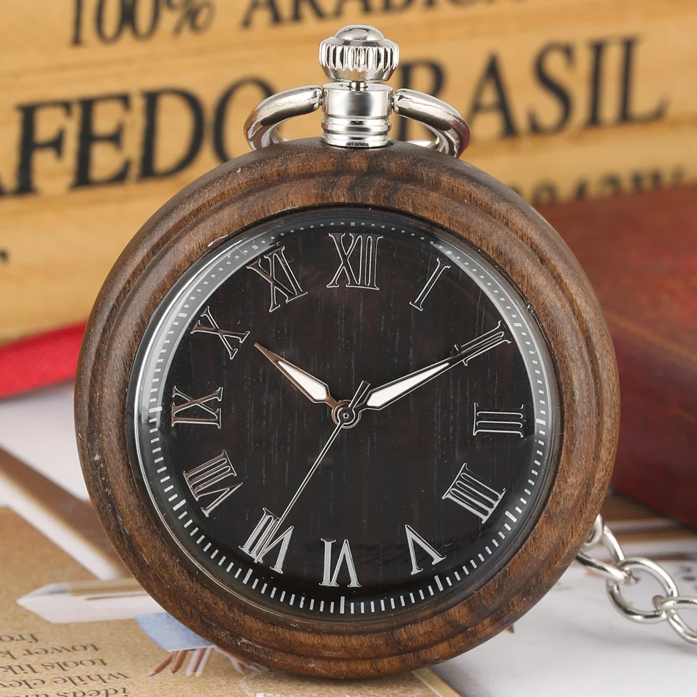 

Ebony Wooden Quartz Pocket Watch Luminous Pointer Roman Numerals Display Silver/Bronze Hanging Chain Pendant Clock Vintage Gifts