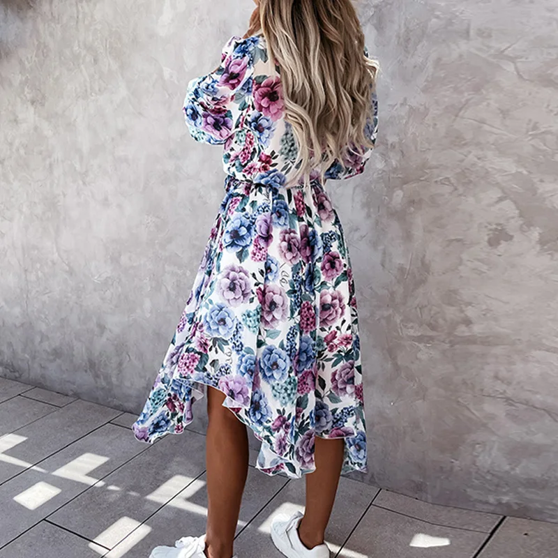 

Summer Half Sleeve Floral Print Chiffon Dress Elegant Women V-Neck Button Midi Dress Ladies Fashion Irregular Slim Party Dresses