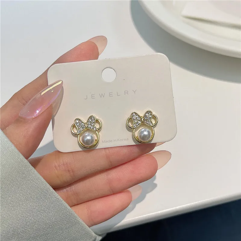 

Cute Bow Earrings Stud Wholesale Pearl Crystals Cartoon Mouse Charm Jewelry For Women 2022 New Valentines Gift Korean Luxury