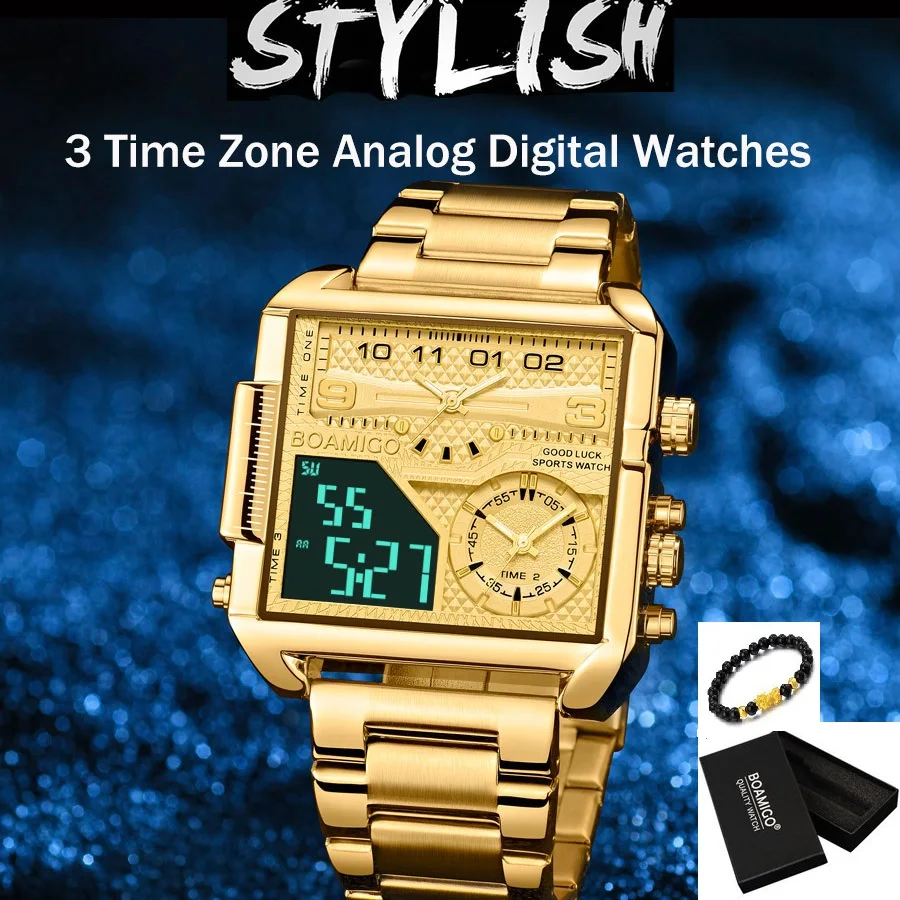 

BOAMIGO 3 Time Zone Analog Digital Watch Men Luxury Gold Stainless Steel Sport Square Quartz Watches Fashion Waterproof Clock