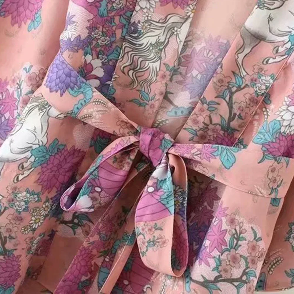 

2021 spring new women's beach vacation leisure V-neck short-sleeved pony print loose tie sunscreen kimono jacket cardigan