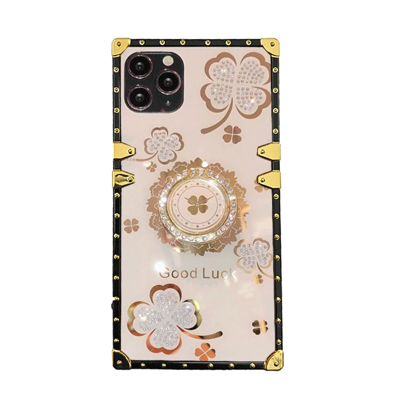 

lucky Four Leaf Clover Phone Cases For iphone 11 Pro Max 12 Pro Mini XR XS 8 X 7 Plus Shockproof Diamond shining Jewelled case
