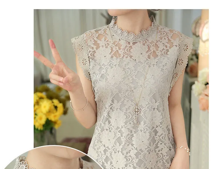 

Women Summer Blouse Gray Lace Shirt Women Plus Size Sleeveless Women Tops Sexy Hollow Lace See-Through Women's Clothing