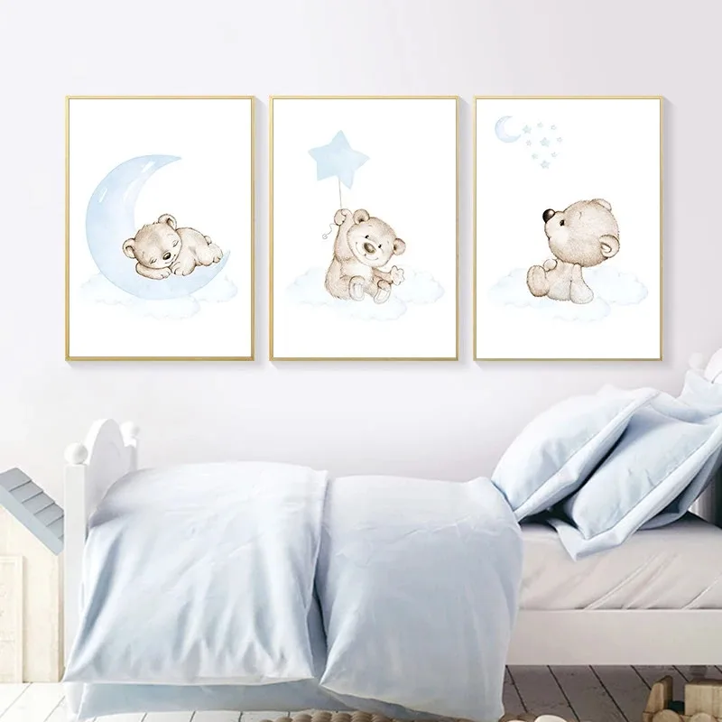 

Moon Star Bear Child Wall Art Canvas Poster Print Simple Cartoon Painting Nordic Kids Decoration Pictures Baby Boy Bedroom Decor
