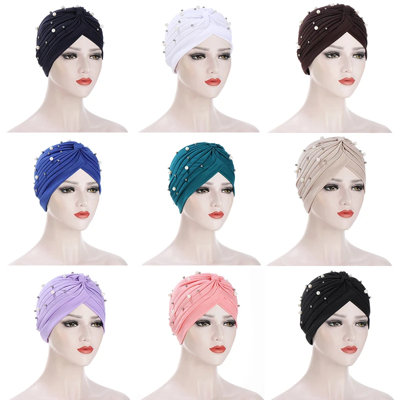 

Pleated Folds Indian Hats Bonnet Women Beaded Muslim Turban Hats Elastic Hair Head Wrap Cap Fashion Full Cover Inner Hijab Caps
