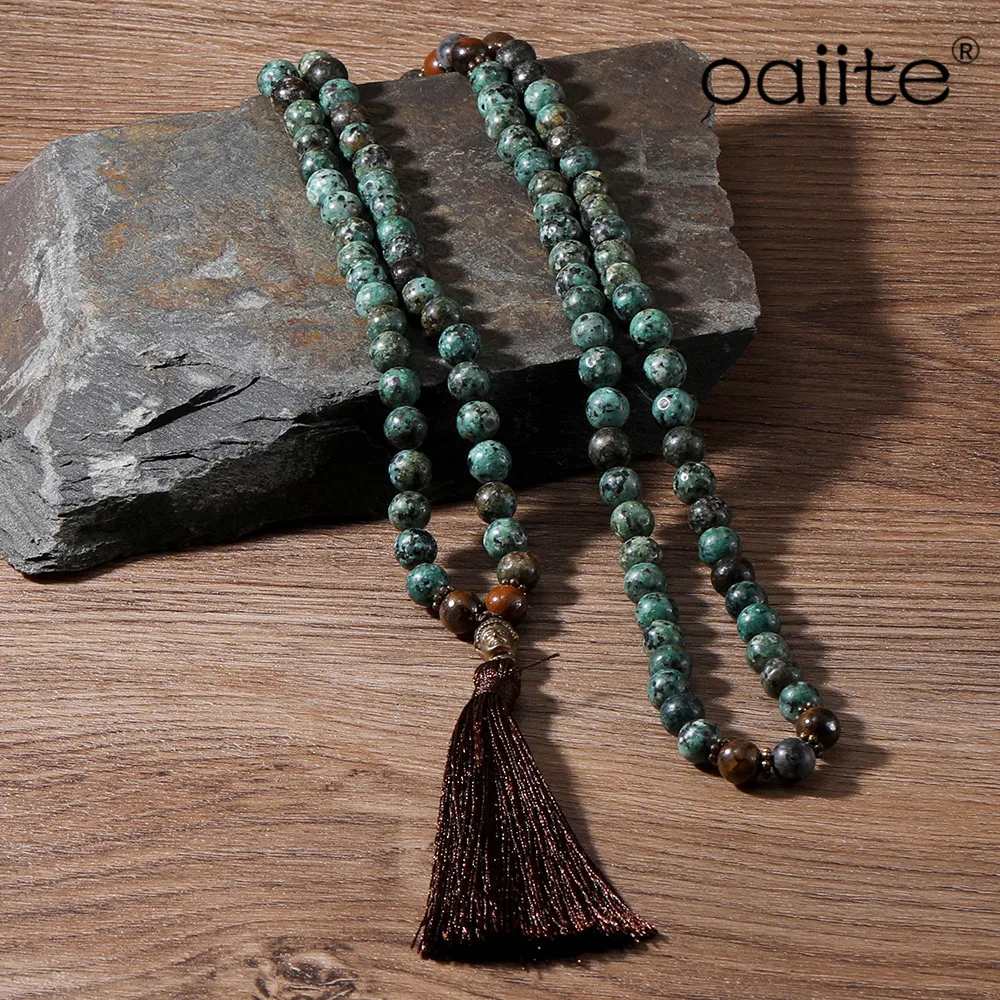 

OAIITE OAIITE 108 Beads Mala Necklace 8mm Natural Stone Bead Long Tassel Necklace Women Meditation Yoga Jewelry Strand Necklace