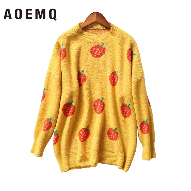AOEMQ/модные свитера для девочек пуловеры с круглым вырезом принтом клубники