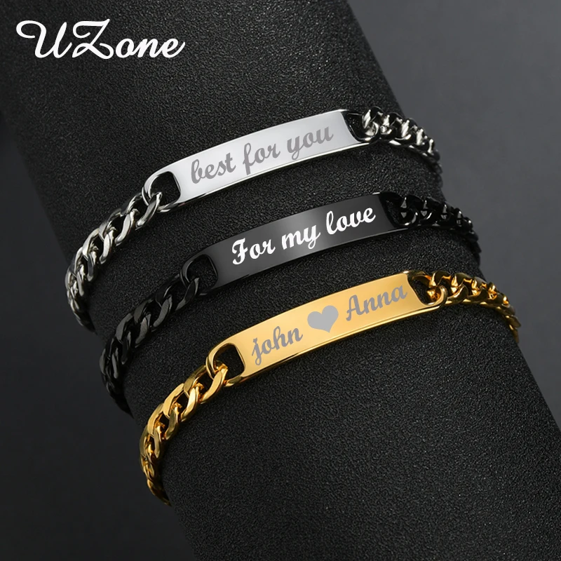 UZone 8mm Customized Words Bar Bracelets for Women Men Stainless Steel Name Date Engraved Bangles Statement Couple Gifts
