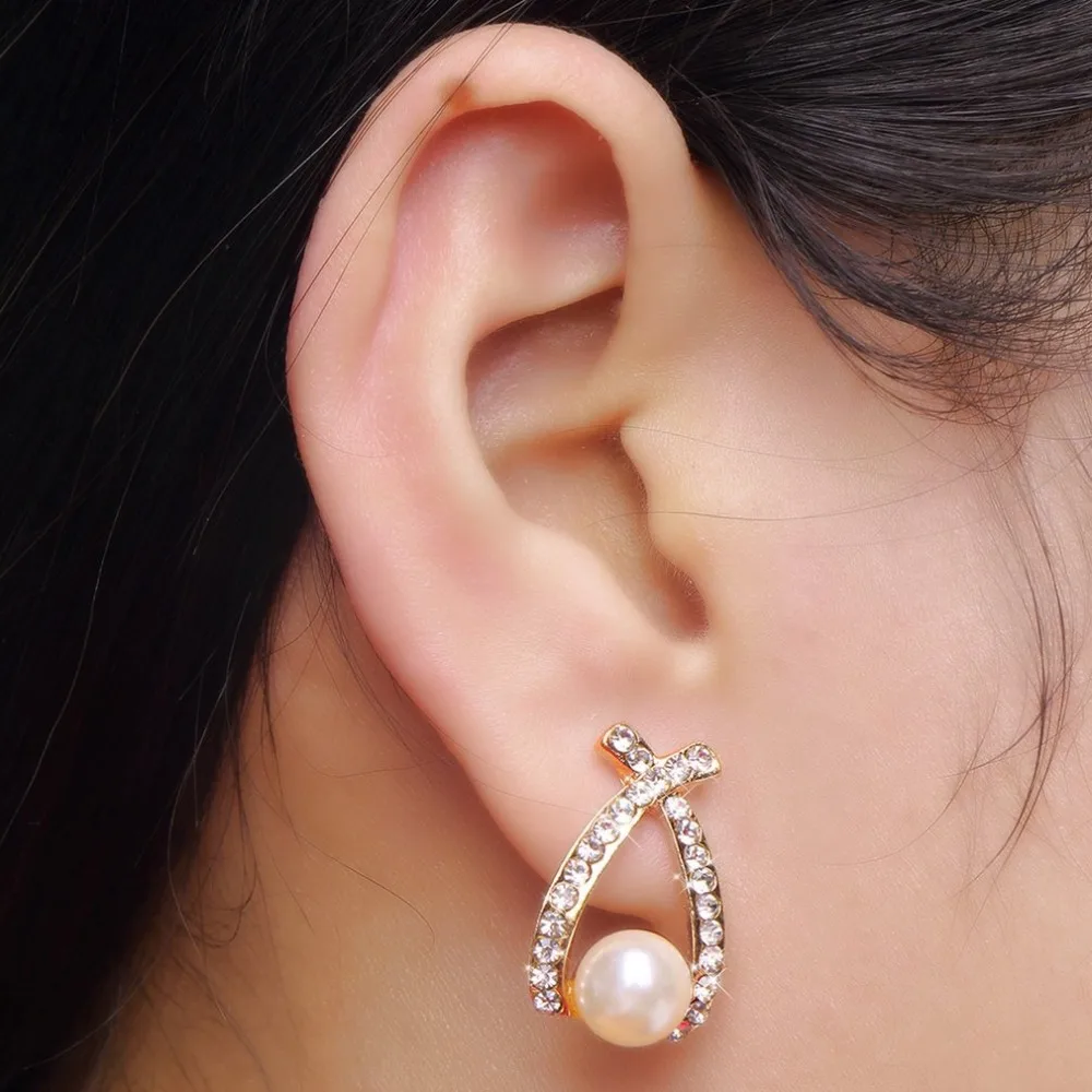 Мода для девочек стразы бант сплав серьги гвоздики с искусственным жемчугом