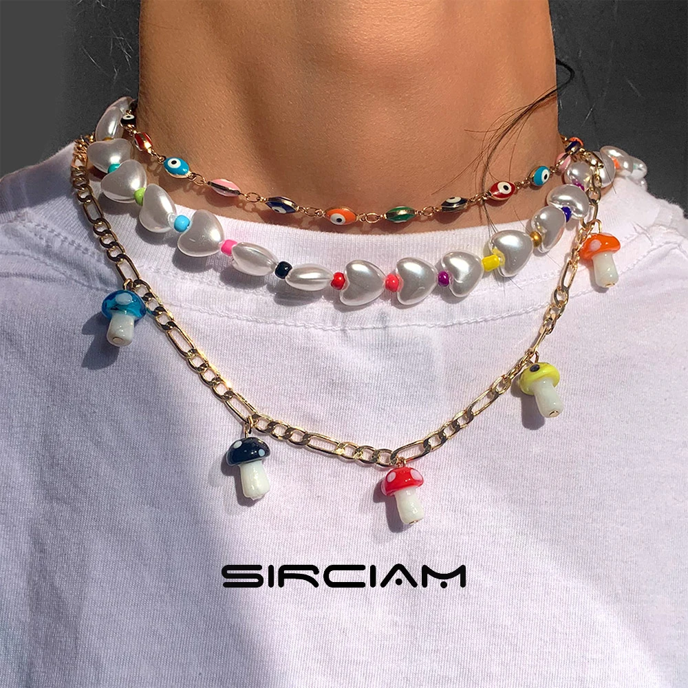 

New Heart Pearl Choker Colorful Mushroom Charm Beaded Necklace For Women Rainbow Seed Bead Evil Eye Chain Necklace Boho Jewelry