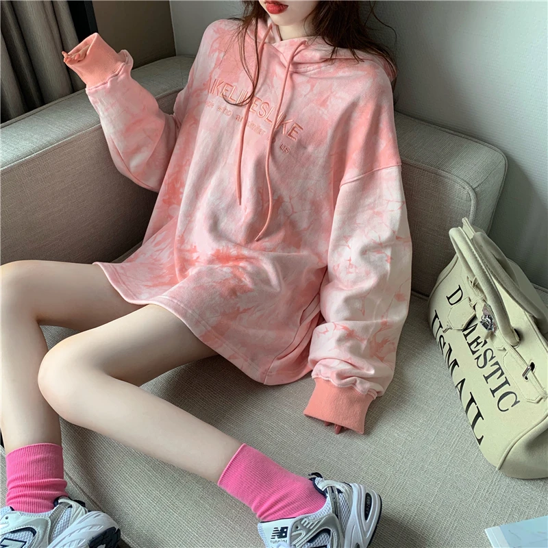 

2020 Spring and Autumn New Loose Hoodie Mid-length Pink Top Hooded Pullover Lantern Sleeve Top Women hoodies