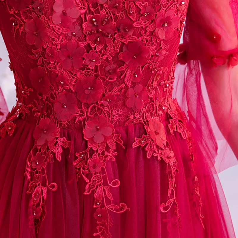 

Red Luxury Wedding Dress Illuison Lace Tulle Embroidery V-Neck Flare Sleeve Criss-Cross Half Elegant Women Bride Dresses TS113