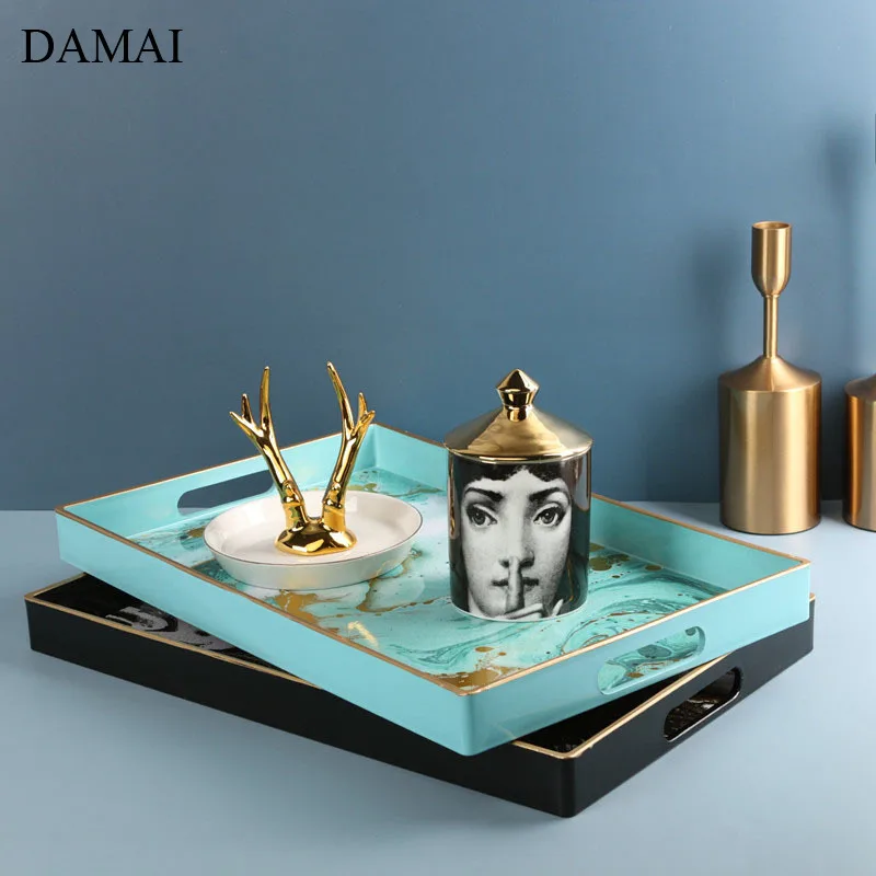 

European Natural Marble Trays Plastic Tea Tray Painted Craft Fruit Plates Sundrie Storage Finishing Rectangular Plate Home Decor