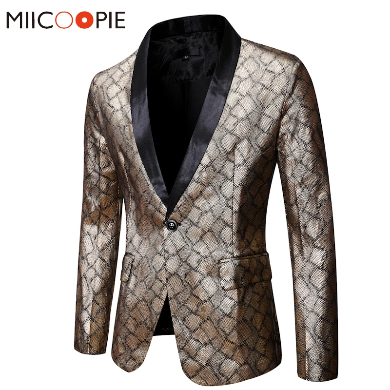 

2021 Mens Wedding Party Shawl Collar Blazers Jackets One Button Snake Skin Printed Costume Homme Brand Golden Men Fashions Suits