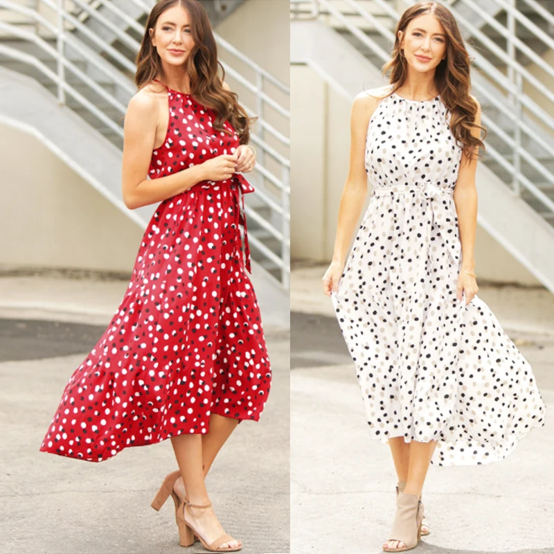 

Summer Dot Print Beach Skirt Off Shoulder Sexy Women's Party Skirt O-neck Open Back Belt Irregular Holiday Skirt for Women