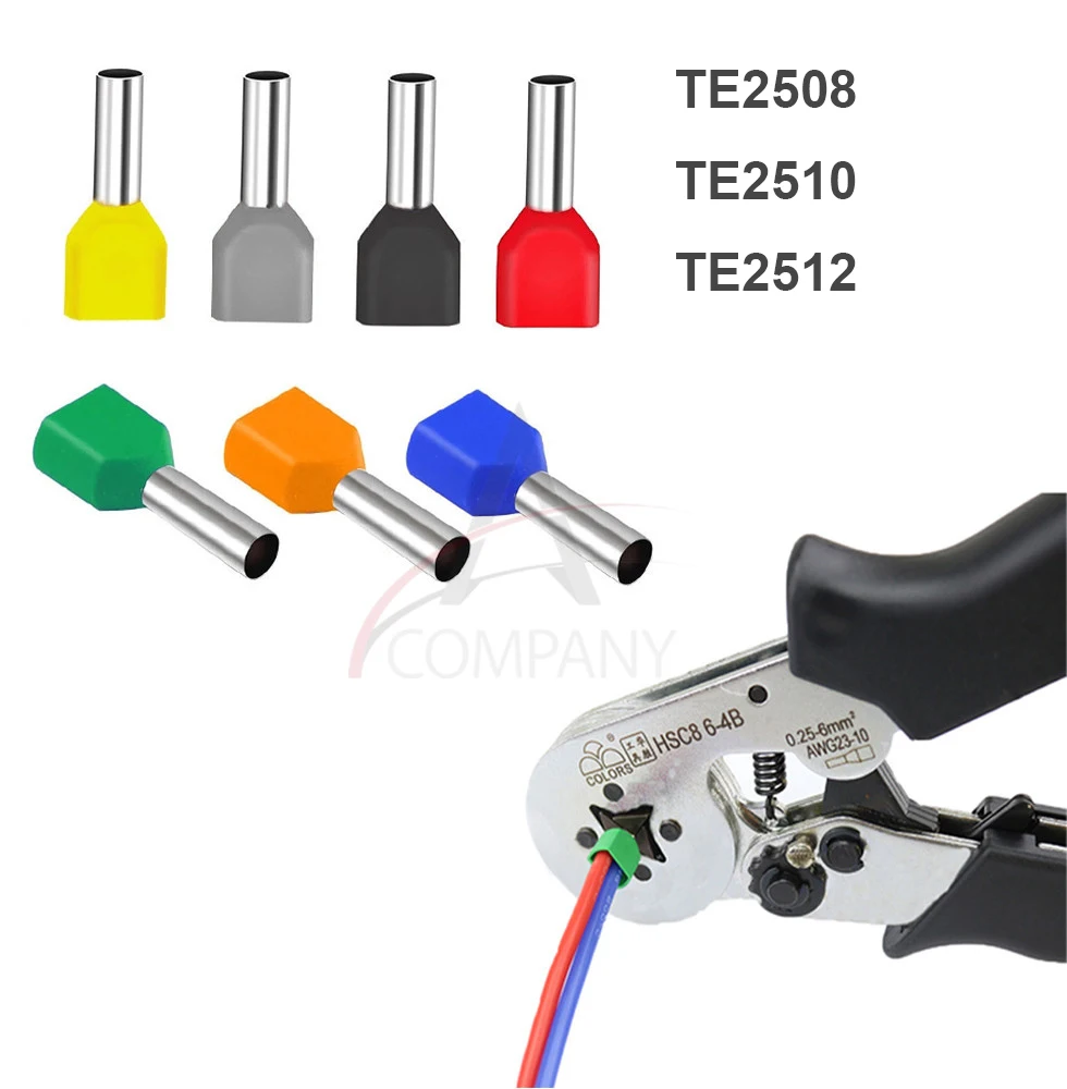 100 шт., TE2508 TE2510 TE2512 0,5 ~ 6,0 м², холоднопрессованный конец, двухлинейная трубчатая Изолированная трубчатая клемма