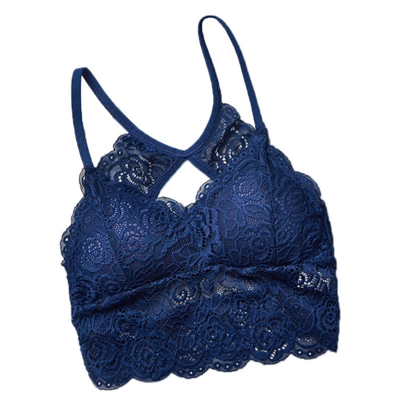 Womens Floral Lace Bralette Padded Sexy Criss Cross Back Hollow Out Bustier Bra X3UE