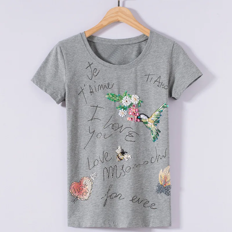 Женская хлопковая Футболка с блестками повседневная черная или белая футболка