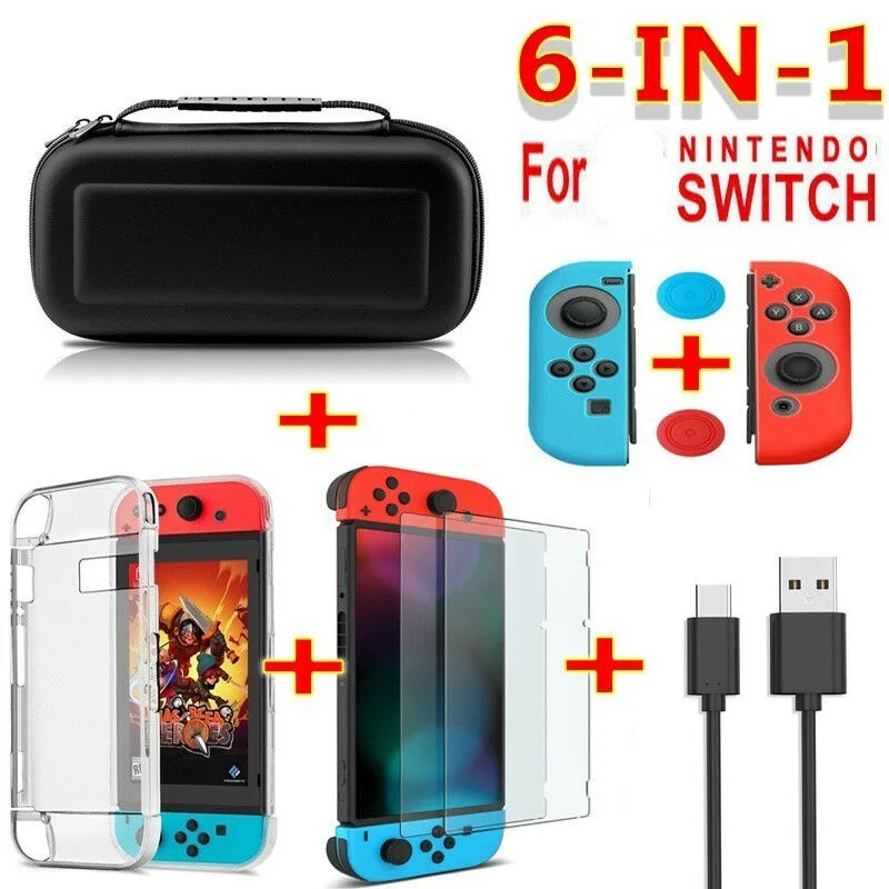 6 in 1 game accessory set Black red blue For Nintend Switch Travel Carrying Bag Screen Protector Case Charging Cable | Электроника