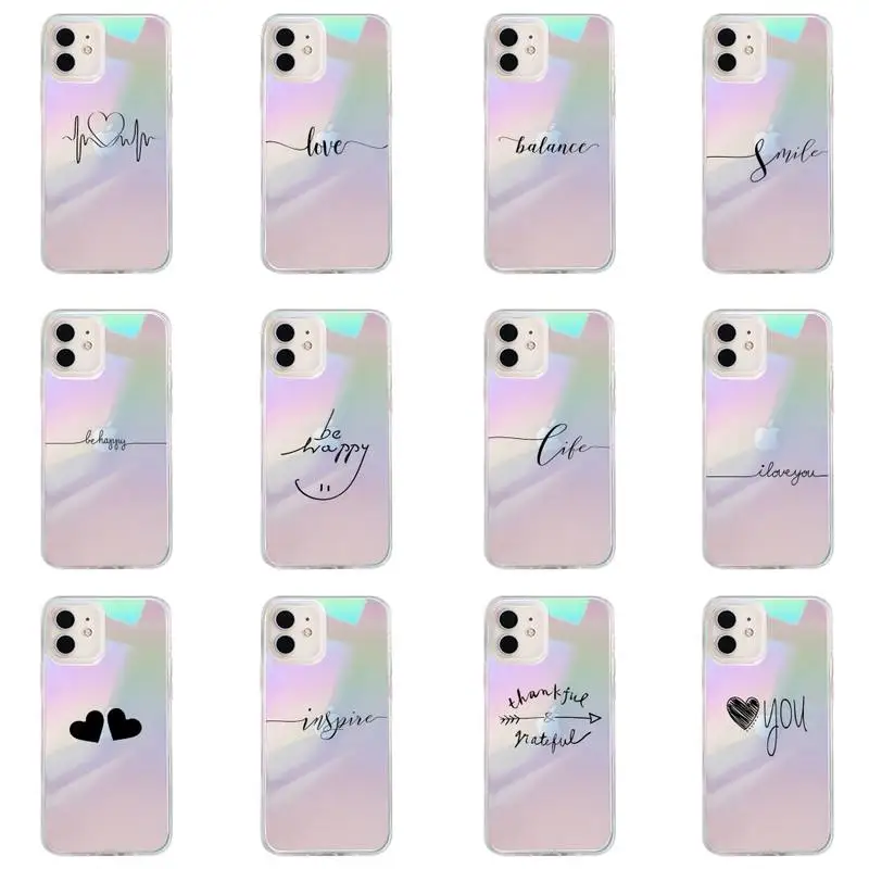 

Love Heart Letter Phone Case for iPhone huawei P 7 8 9 11 12 10 30 40 S X XS XR MINI Pro Max Plus laser Transparent Glitter