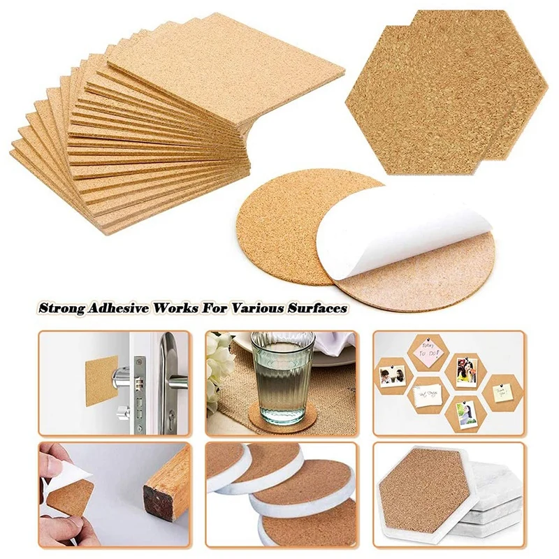 

120Pcs Round Hexagon Self-Adhesive Cork Square, Cork Plywood, Reusable Cork Board Cork Mat, Used for Coasters and DIY